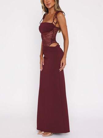 女士纯色蕾丝吊带背心抽绳腰短款连衣裙，春夏