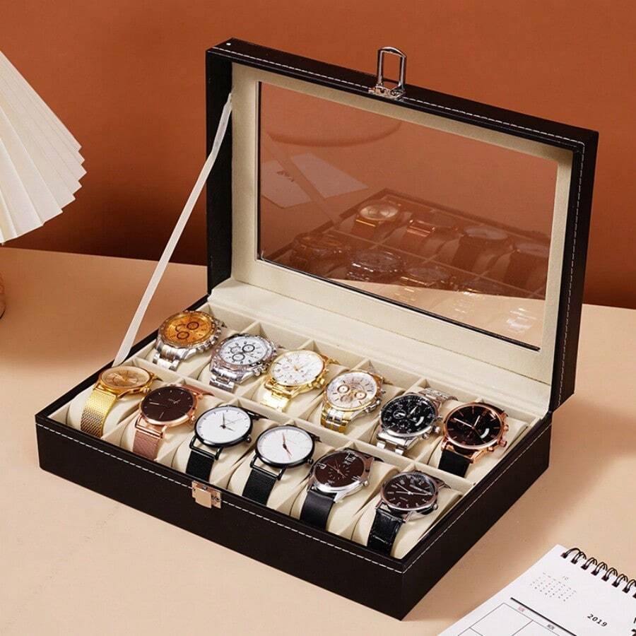 1 pieza Caja de almacenamiento de cuero de gran capacidad para relojes, estuche de exhibición de relojes y almacenamiento de joyas