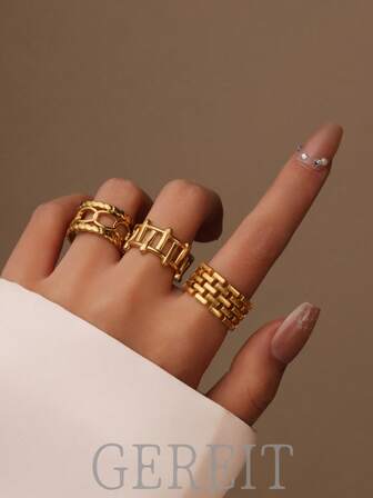 GEREIT Set de 3 anillos circulares abiertos de acero inoxidable 18K de moda, adecuados para uso diario de mujer