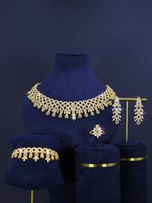 5pcs 18K Gold-Plated Luxury Royal Style Leaf & Flower Design Bridal Wedding Jewelry Set, Handset With White Cubic Zirconia, Including Necklace, Bracelet, Earrings, Ring, Suitable For Daily Wear Or Wedding, Wedding Anniversary Gift (Premium Gift Box Packaging) Complimentary