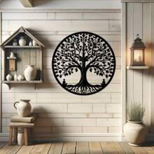 15.75 Inch Circular Elegant Tree Of Life Metal Wall Art, Intricate Black Metal Decor With Nature Patterns, Ideal For Home, Office, Outdoor Use, Perfect Housewarming & Birthday Gift, Suitable For Modern Home Decoration