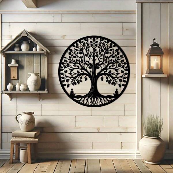 15.75 Inch Circular Elegant Tree Of Life Metal Wall Art, Intricate Black Metal Decor With Nature Patterns, Ideal For Home, Office, Outdoor Use, Perfect Housewarming & Birthday Gift, Suitable For Modern Home Decoration