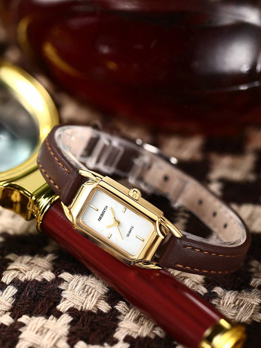 1 pieza Reloj de mujer minimalista vintage con cuarzo, adecuado para uso diario - Dorado - Ver 1