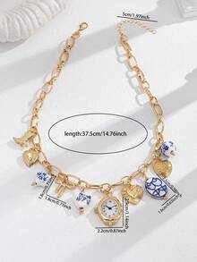 1pc Blue & White Porcelain Pendant, Faux Watch, Heart Shaped Charm, Cowboy Boot Bow Multilayer Charm Necklace, Handmade Random Color & Style - Multicolor - View 3