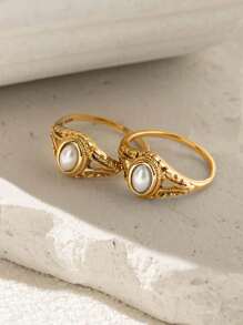 1pc Vintage Simple Style Stainless Steel Pearl Ring, Elegant Accessory For Women, Suitable For Party Wear