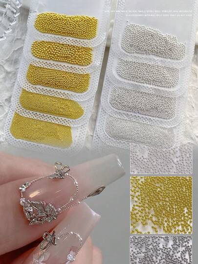 Contas redondas minúsculas de metal 5G em miniatura de 0,4 mm, joias, cores prata e ouro, acessórios para arte em unhas, suprimentos para unhas, pingentes para unhas, joias para unhas