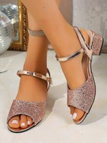 Elegant Chunky Heel Women's Sandals - Open Toe, Sequin Design, Fashion Summer Sandals, Women's High Heels, Chunky Heel Open Toe Sandals