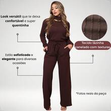 SILK ROUTE Women's Wool Set, Wide Leg Trousers And Turtleneck Blouse, Winter - Rust Brown - View 6