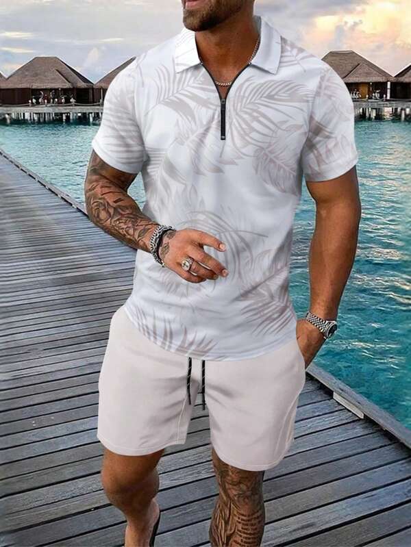 Conjunto de pantalón corto y camisa polo de manga corta con estampado de hojas - Juego de 2 piezas de talla estándar para hombre, conjunto casual de verano para calle y playa