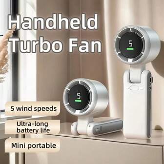 1个户外手持迷你涡轮风扇，USB桌面风扇，5档风速，3600mAh便携式颈挂小风扇，适用于露营、徒步旅行、夏季降温、海滩、旅行等场合。