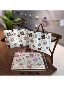 20/50pcs, Mocha Colored Floral Print Tote Bag - Thick, Waterproof, And Reusable With A Pink Handle - Perfect For Retail Displays, Clothing Stores, Jewelry And Clothing Shopping, Daily Handheld Use, Cute Floral Print Pattern, Gift Bag