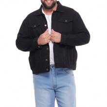Men's Plus Size Jacket In Plain Black Denim, Classic Shacket Style, With Collar And Long Sleeves. - 黑色 - 查看 1
