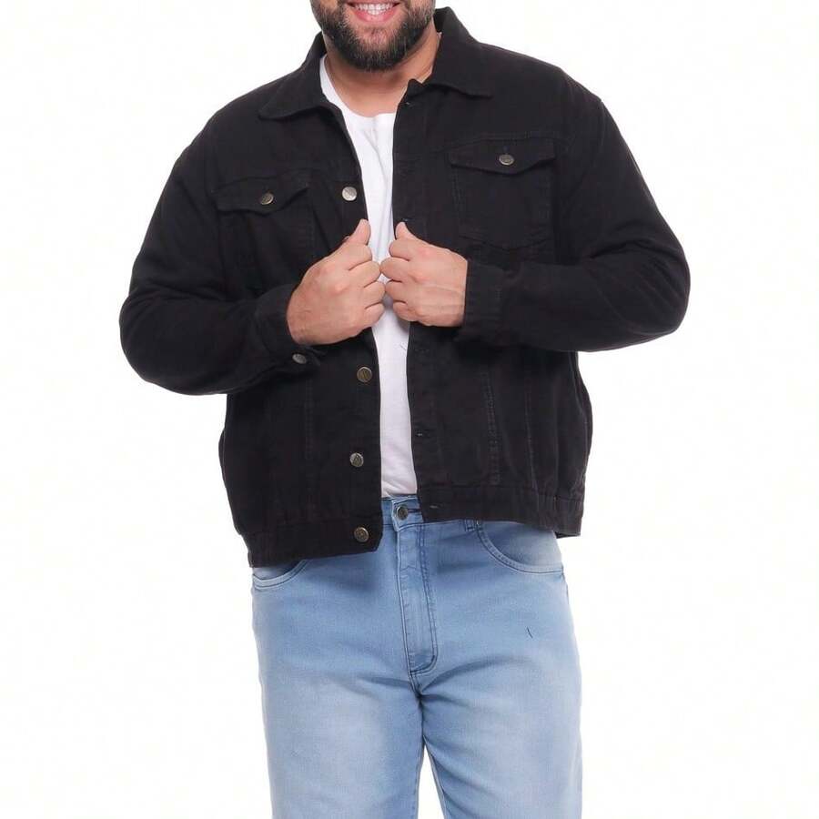 Men's Plus Size Jacket In Plain Black Denim, Classic Shacket Style, With Collar And Long Sleeves. - 黑色 - 查看 1
