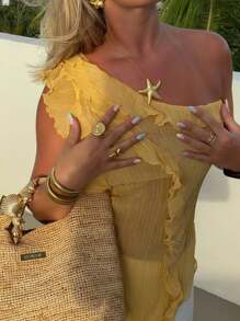 Women's Asymmetric Ruffled Asymmetrical Neck Yellow Top For Date Night,Boho Beach Vacation,Country Concert,Fall Women,Cute Tops,Fairycore,Winter For Women,Country Concert,Going Out Tops Women