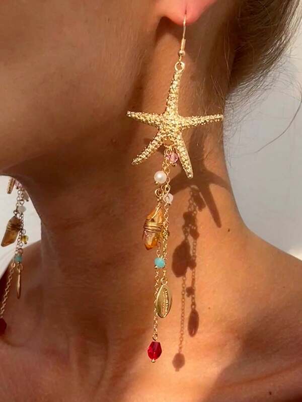 1 Pair Stylish Starfish & Jellyfish Alloy Pendant Earrings, Women's Fashion Luxury Crystal Tassel Earrings