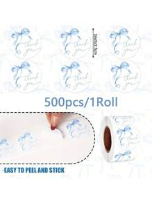 1 Roll/500 Blue Bow Thank You Stickers | 1-Inch Watercolor Stickers | Add Your Own Paper | For Showers, Weddings, Parties And Small Business Decor | Elegant Blue Ribbon Designs For Classrooms | Elegant Text Designs
