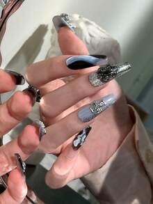 10片手工棺材形美甲贴纸，夏季美甲，精致假指甲，DIY，万圣节美甲，暗黑流星美甲配件，蓝色闪粉，黑色星星，蜘蛛和十字架，蓝色美甲，适合女士在婚礼、派对、节日和其他场合使用，美甲工具礼品 - 彩色 - 查看 5