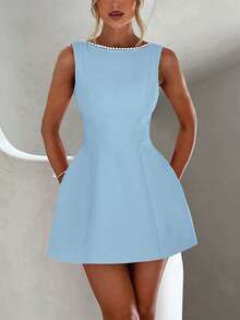 2026 Frühling/Sommer Damen elegantes Perlenverziertes rückenfreies ärmelloses Minikleid mit rundem Ausschnitt und Taille, elegantes Partykleid, elegantes Kleid, Konzertoutfit für Damen, Outfit für Valentinstag, Y2K-Stil, Cluboutfit, Streetwear, Urlaubsoutfits für Damen, festliche Outfits für Damen, lässige Damenoutfits, Partykleid, Konzertoutfits für Damen, Geburtstagsoutfits für Damen - Blau - Übersicht 2