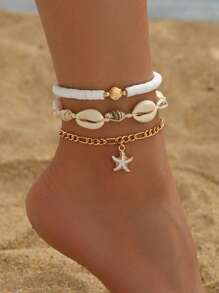 3pc/Set Summer Ocean Style Soft Pottery Shell Beaded Metal White Drip Glaze Starfish Pendant Anklet, Fashion Natural Shell Conch Handmade Woven Rope Women Foot Jewelry For Daily, Beach, Date Decoration