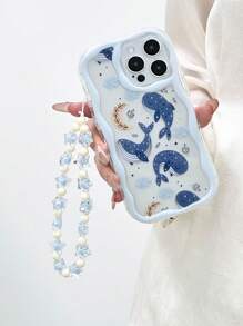 Cream Swirl Wave Edge Gloss Oil Painted Whale Pattern Anti-Drop Phone Case With Handmade Beaded Bracelet Accessories, Compatible With IPhone 16/11/16pro/16plus/16promax/16e/15Promax/13/14/12/XS/XR/7G/8P, Galaxy 11/12Pro/12/12X/13Pro/14Pro/15Pro/X3pro/,Redmi 10/9/Note9/12c/Note11pro/Note8Pro/9C/9a Waterproof Shockproof Scratch Resistant