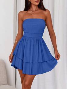 Women's Summer Off-The-Shoulder Mini Dress With Strapless Off-The-Shoulder Y2K Skirt Pleated Waist Dress - Xanh đậm - Xem 4