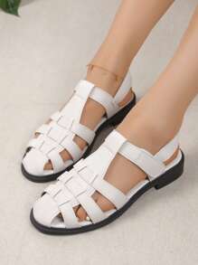 1 Pair Plain Color Bohemian Holiday PU Leather Hollow Out Flat Sandals, For Outdoor Vacation, Beach Wear In Summer