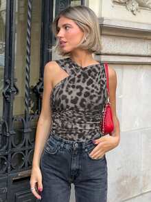 Leopard Print Asymmetric Ruched Bodysuit - Black - View 4