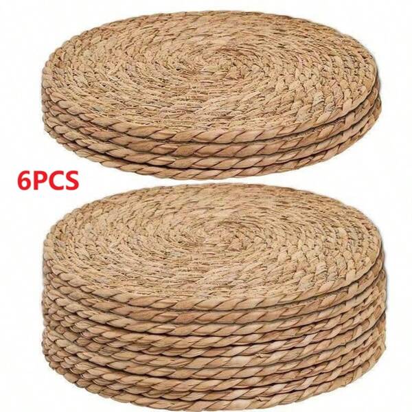 6pcs/Set Rush Grass Woven Placemat, Heat Insulation Pad, Coaster, Bowl Mat, Restaurant Decoration Pad, Rustic Dining Table Mat