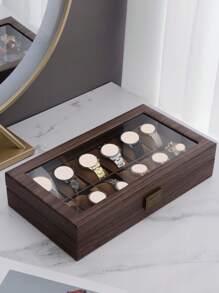 1pc Elegant Wood Grain Leather Watch Storage Box With Glass Window For Stylish Watch And Bracelet Display, Perfect For Valentine's Day, Back To School, Christmas, And New Year Gift Giving, Ideal For Watch Collectors And Fashion Enthusiasts, Organize Your Timepieces With Class And Sophistication