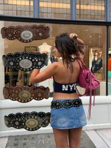 1pc Bohemian PU Leather Concho Cinch Waist Metal Studded Decor Belt, Versatile Accessory For Skirts, Pants, Suitable For Western Cowgirl, Y2K, Punk Style
