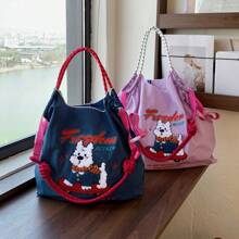 Fashion Shopping Bag Women's Shoulder Bag Nylon Fabric Bag Dog Embroidery Lightweight Storage Bag Commuter Bag Travel Backpack Large Capacity Tote