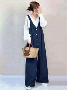 Overalls For Women, All-In-One, Overalls, Long Pants, Wide Pants, Long Pants, Summer Clothes, V-Neck, Single Button, Casual, Loose, Mature, Cute, Figure-Covering, Stylish, Spring/Summer