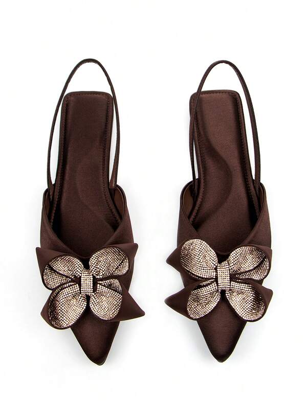 Sandalias planas de punta fina con decoración de flor y lazo de circonita cúbica, de material de licra color marrón chocolate, elegantes para mujer en otoño/invierno, cómodas para uso diario y fiestas