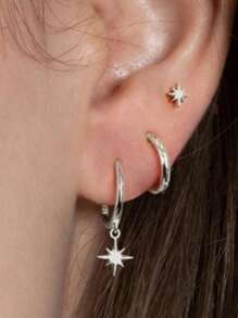 Juego de 3 piezas de pendientes colgantes de estrella redonda de acero inoxidable enchapados en oro de 18K para mujeres, joyas unisex de estilo punk rock