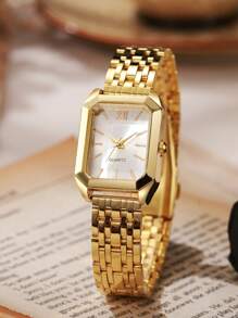 1 pieza Reloj de mujer de cuarzo con cadena metálica, esfera pequeña y cuadrada con numeración romana, acero inoxidable, adecuado como regalo para vuelta al colegio, cumpleaños, aniversario u Halloween