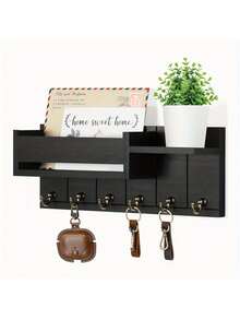 رف مفتاح جداري بطراز السجل مع رف وخطافات 1قطعة، رف تنظيم البريد ورف المفاتيح للمدخل، المطبخ، ديكور المزرعة، غرفة المعيشة، غرفة النوم، خطافات الجدار ديكور المنزل الخريفي - متعدد الألوان - مشاهدة 3