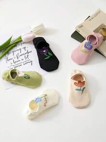 5 Pairs Of Women's Ankle Socks Comfortable Breathable Non-Slip Casual Floral Invisible Socks, Suitable For All Seasons And Home&Everyday Outfits - Multicolor - View 10