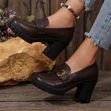 女式纯色粗跟踝靴，休闲黑色皮革防滑短靴，适合日常休闲、派对和正式场合 - 棕色(C扣) - 查看 7