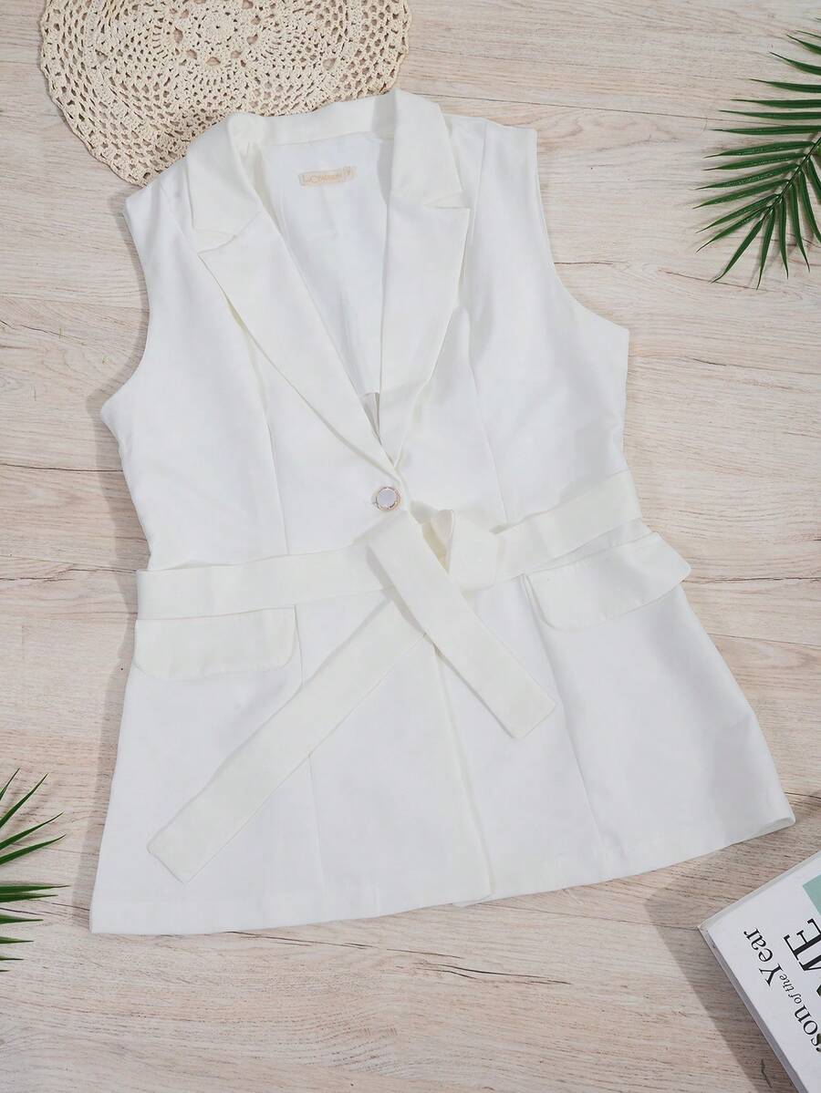 EMODA TAILORED VEST WITH BUTTON AND BELT Elegant #VEST #TAILOREDVEST - Blanco - Ver 1