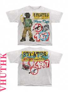 VHUTHK Double Sided Printing (220 Pure Cotton Shirt) 'SYCATES' Letter And Portrait Double-Sided Printing Men's Summer Round Neck Short Sleeved Casual Pure Cotton Printing - 白色 - 查看 1