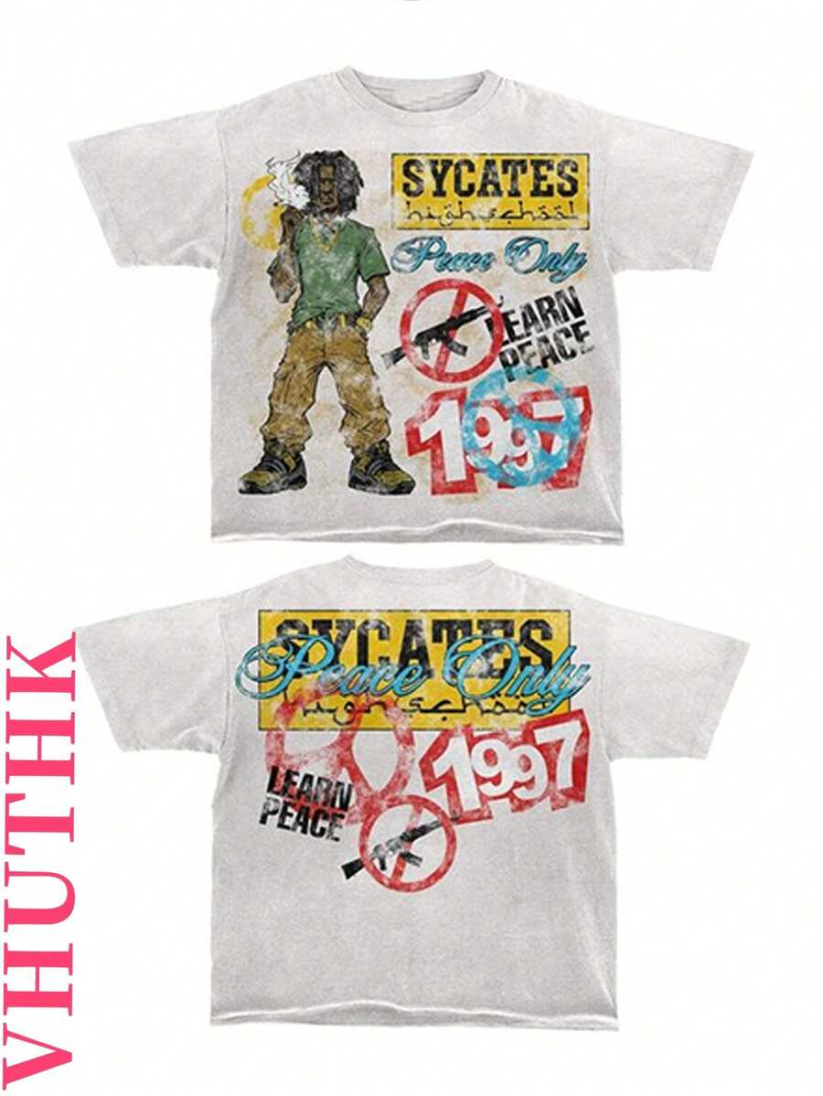 VHUTHK Double Sided Printing (220 Pure Cotton Shirt) 'SYCATES' Letter And Portrait Double-Sided Printing Men's Summer Round Neck Short Sleeved Casual Pure Cotton Printing - 白色 - 查看 1