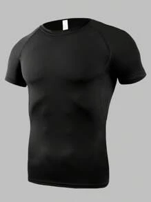 Men's High Elasticity Sports Muscle Fit Short Sleeve T-Shirt - Tight Compression Tee, Machine Washable, Solid Color For Gym & Casual, Suitable For All Seasons | Fashion Design | High Stretch Fabric