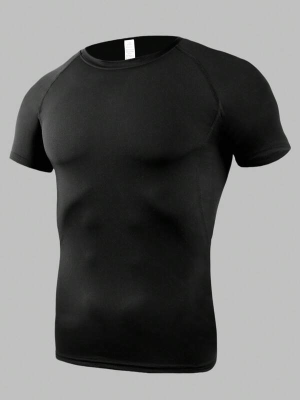 Men's High Elasticity Sports Muscle Fit Short Sleeve T-Shirt - Tight Compression Tee, Machine Washable, Solid Color For Gym & Casual, Suitable For All Seasons | Fashion Design | High Stretch Fabric