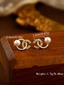 SYMFNY 1 对 925 银精致 C 形锆石和仿珍珠耳环，奢华精品，女士惊喜礼物 - 金黃色 - 查看 2