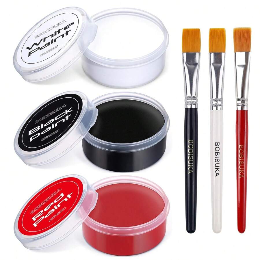 Pinturas corporales negras, blancas y rojas con 3 pinceles: set de pintura facial para maquillaje teatral, Halloween, maquillaje de carnaval, maquillaje de fiesta, resistente al agua y de larga duración.