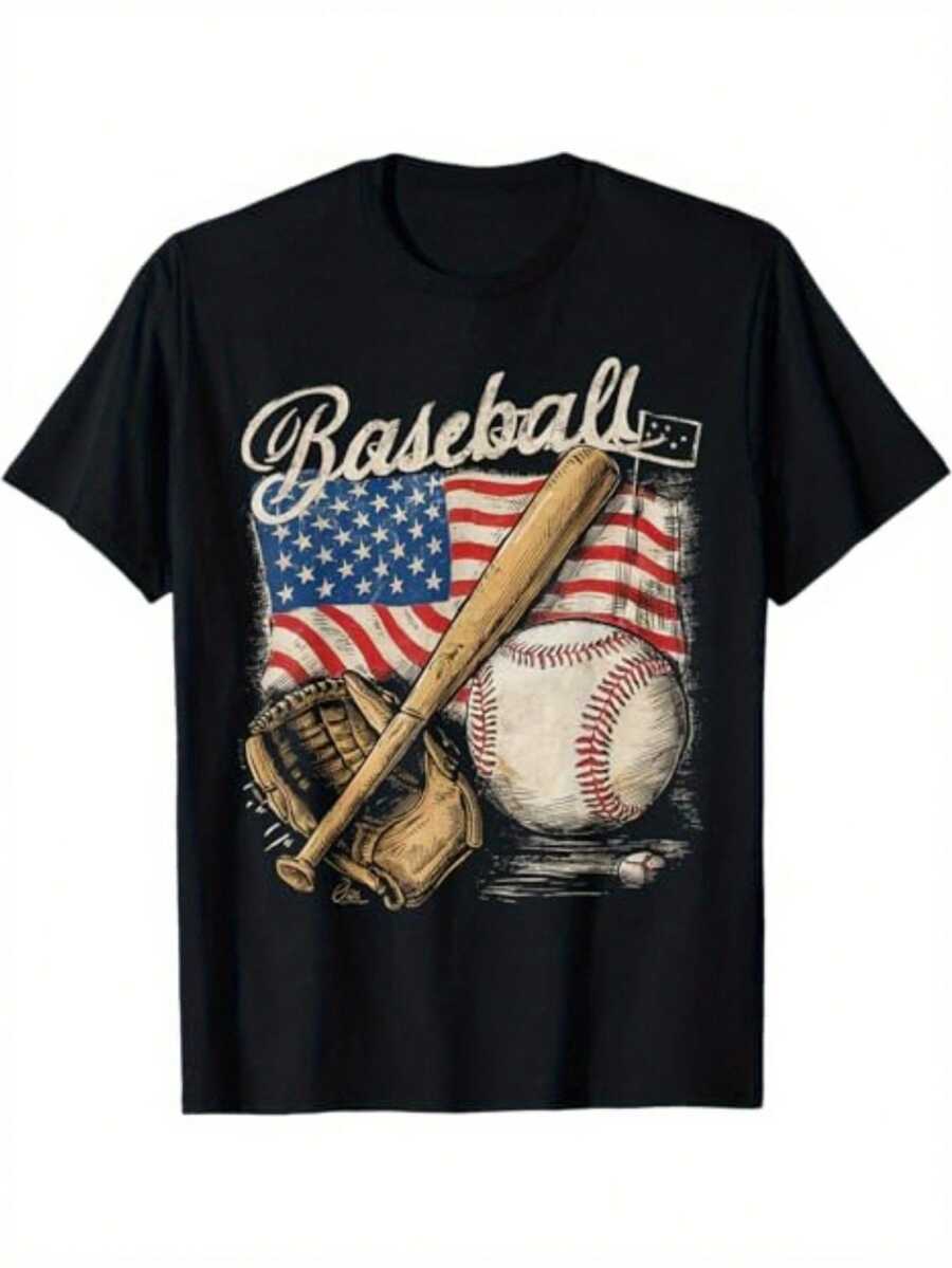 Boy's American Flag Baseball T-Shirt - Breathable, Moisture Absorbing Cotton T-Shirt With Retro Baseball Player Design - Casual Summer Street Wear, Perfect Gift For Young People - 黑色 - 查看 1