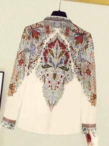 Women's Elegant Digital Placement Print Long Sleeve Blouse, Suitable For Casual Commuting Wear, Halloween, Christmas