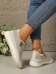New Spring/Summer Women Slip-On Shoes, Soft & Non-Slip Bottom, Lightweight Casual Mom Shoes, Thick Sole Athletic Walking Sneakers - Beige - View 5
