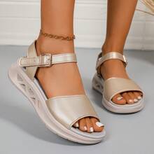 2025 New Women's Summer Sports Sandals - Lightweight Open Toe, Cushioned Slip-On, Buckle Decor Hook & Loop Thick-Soled Casual Slides, Suitable For Spring/Summer Beach Vacation, Bottom Hollow Water Shoes