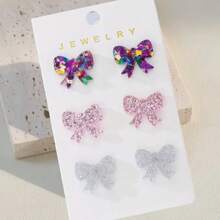 3 Pairs Fashion Sweet Style Butterfly Earrings, Shiny Bow Stud Earring Sets